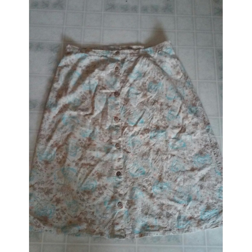 CJ Banks Skirt 14W Linen Blend Button Front Tan Aqua Floral Print Plus Size